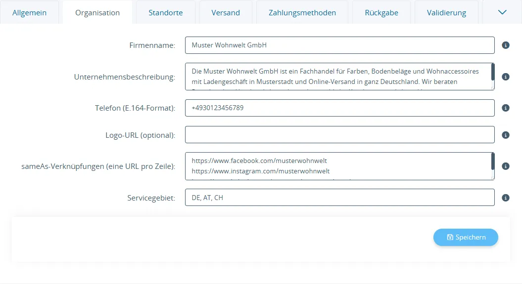Tab Organisation mit Feldern für Firmenname, Beschreibung, Telefon, Logo, sameAs und Servicegebiet