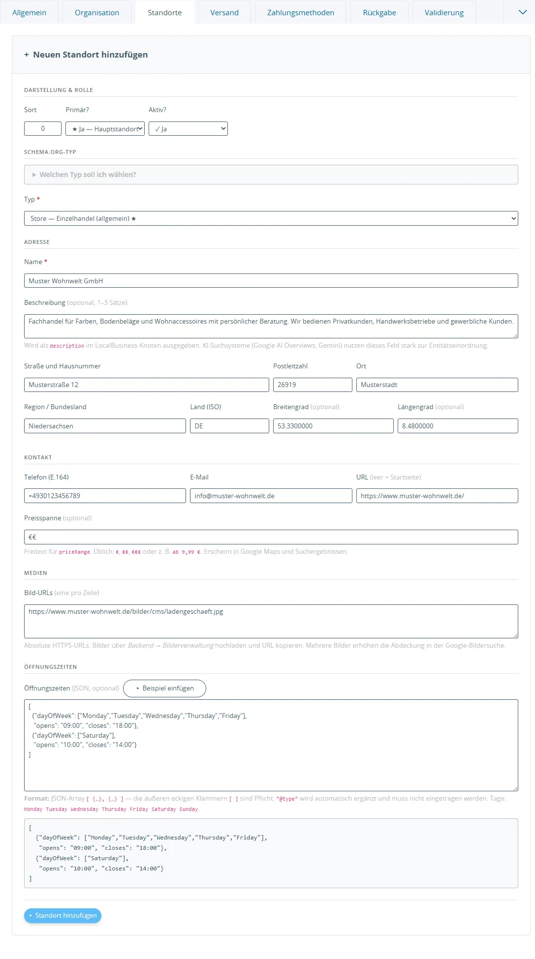 Standort-Formular mit allen Feldern: Rolle, schema.org-Typ, Adresse, Kontakt, Medien und Öffnungszeiten