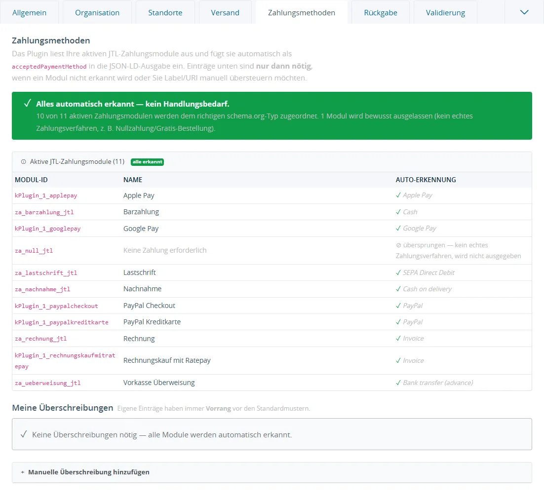 Tab Zahlungsmethoden mit grünem Status-Banner und der Liste aller automatisch erkannten Zahlungsmodule